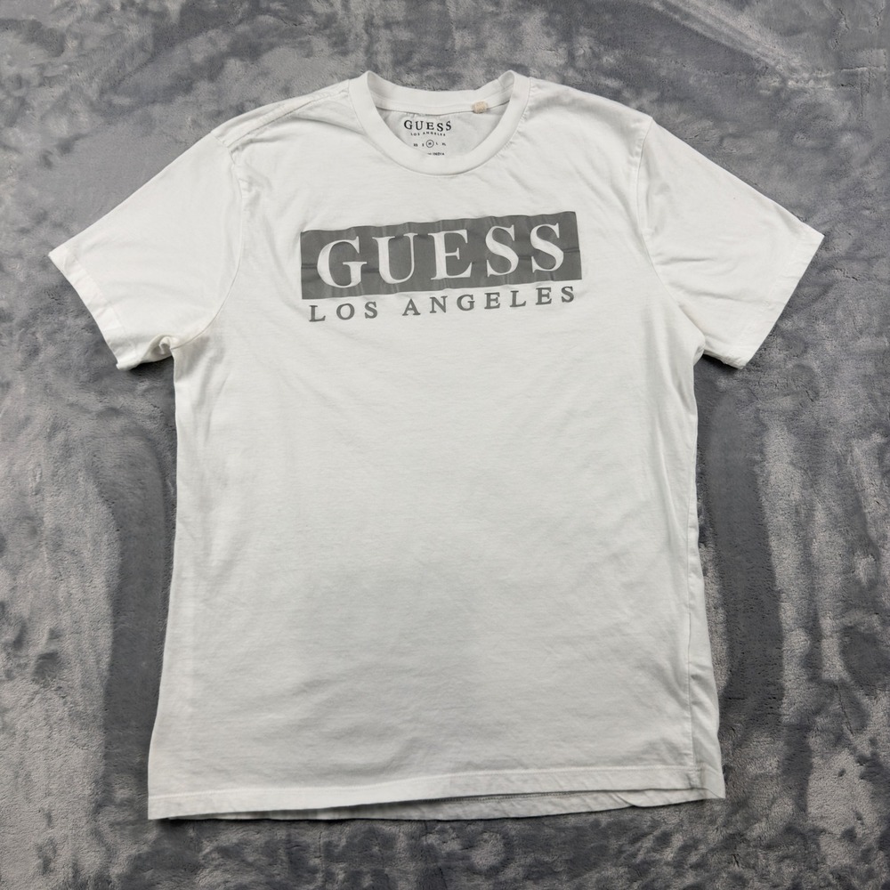 Guess Los Angeles Mens White Grey Box Logo Graphic T-Shirt Size M